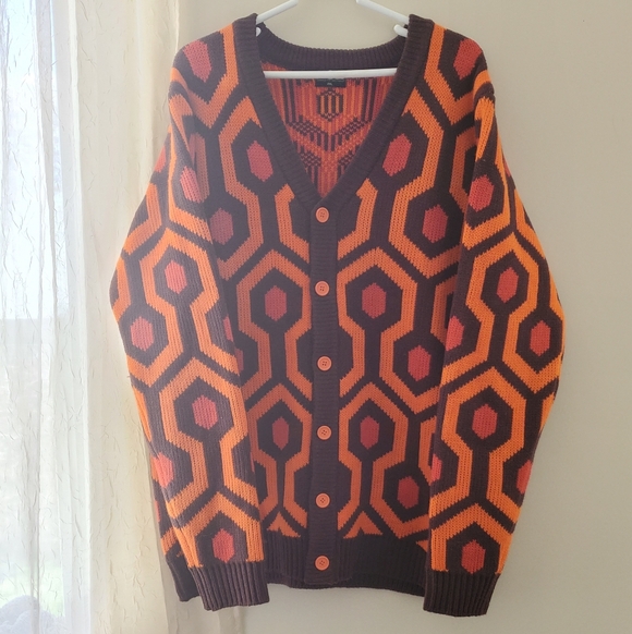 Men's Orange & Dark Brown Geometric Button-Up Sweater - Picture 2 of 13